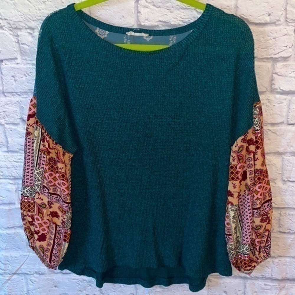Oddy Boho Mixed Pattern Back & Sleeve Lightweight Thin Waffle Thermal Knit Top